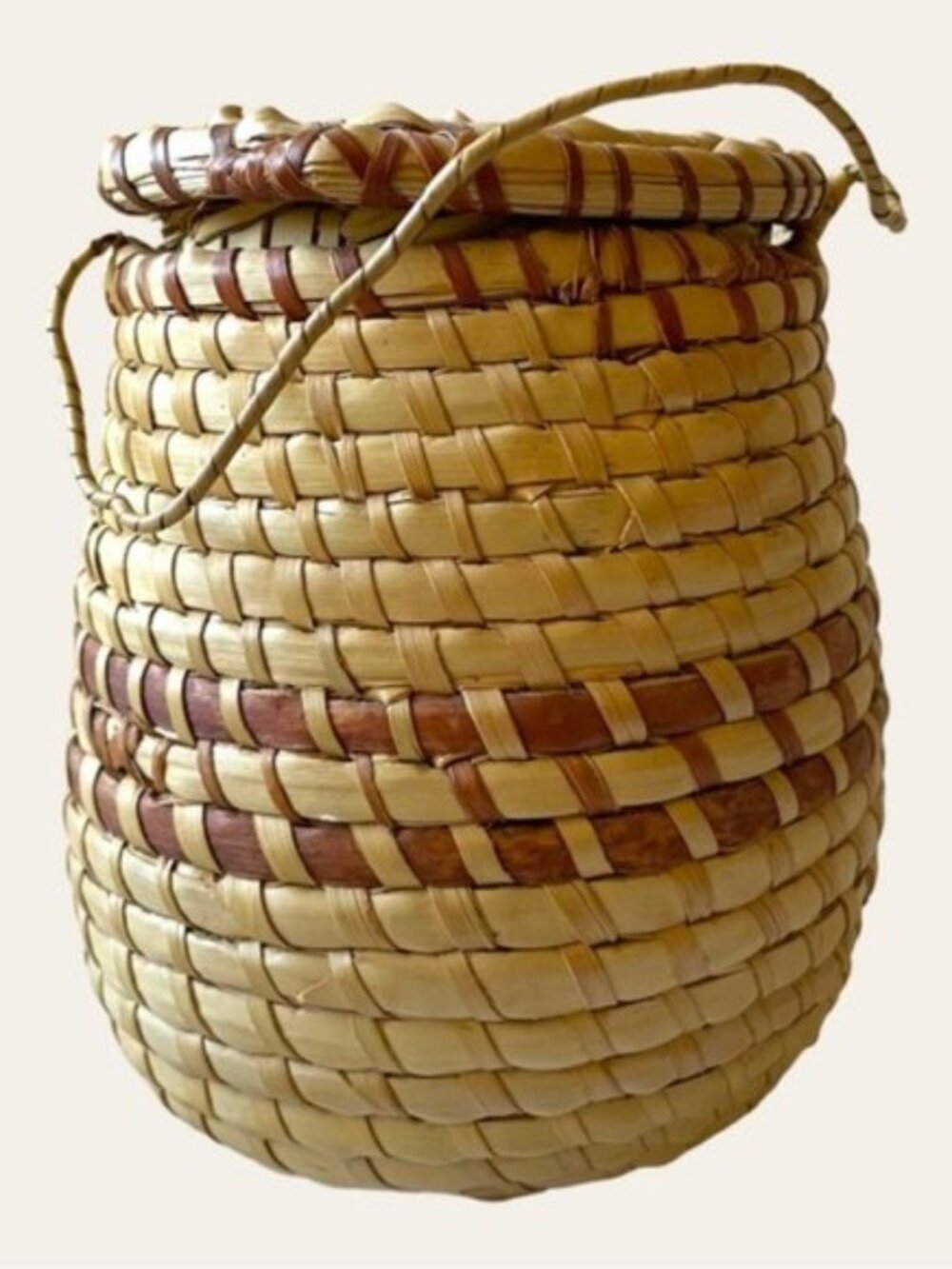 Vintage Woven Ash Splint & Sweetgrass Miniature Lidded Basket with Handle